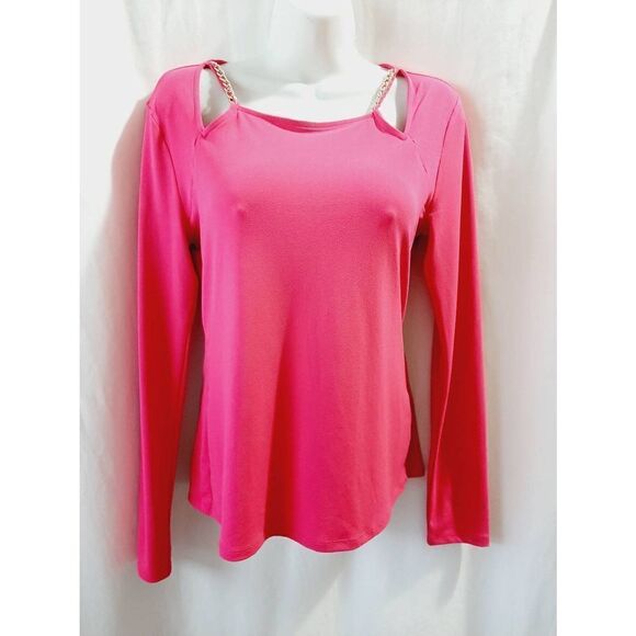 Bold Elements pink open shoulder gold hardware curve cut large blouse - Picture 1 of 4